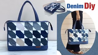 how to sew denim tote bag with zipper tutorial from scrap old jeans jeans patchwork tote bag diy [upl. by Curnin]