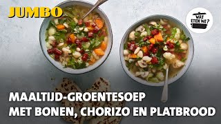 Wat eten we Maaltijdgroentesoep met bonen chorizo en platbrood [upl. by Eceer]