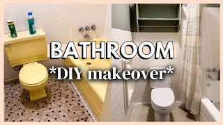 DIY BATHROOM MAKEOVER  painted bath tub amp carpeted bathroom extreme makeover on a budget [upl. by Leraj]