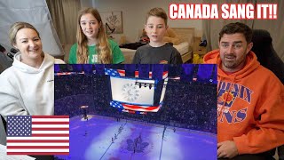 New Zealand Family Reacts to CANADIANS singing the AMERICAN National Anthem after the mic cuts out [upl. by Enileda406]