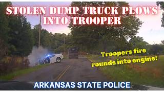 STOLEN DUMP TRUCK plows into police  Arkansas State Troopers fire weapons into engine pursuit [upl. by Ikir]