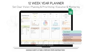 12 Week Year Planner Google Sheet 90 Day Goal Tracker Spreadsheet [upl. by Annaesor465]