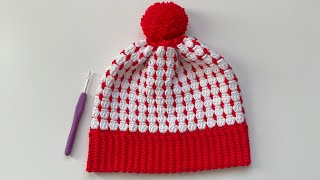 Crochet  Winter Hat With Holiday Colours  Block Stitch Pattern [upl. by Acirtal551]