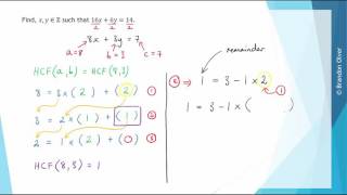 Using the Euclidean algorithm to find solutions to linear Diophantine equations  Ex 1 [upl. by Valdes]