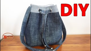 DIY DENIM CROSSBODY BUCKET BAG WITH INTERIOR POCKET SEWING TUTORIAL  DENIM BAG MAKING AT HOME [upl. by Bigod535]