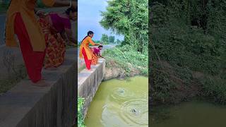 Two Village Woman Catch Fish by Hook From Road Side Canal With Beautiful Nature fishingmethods [upl. by Ahsitak279]