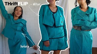 4 Thrifted suit refashion into DIY pleated skirt and jacket set THRIFTFLIP [upl. by Ethe]