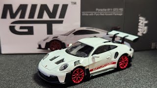 MINI GT 164 Porsche 911 992 GT3 RS White with Pyro Red Accent Package MGT00630 [upl. by Rramo402]