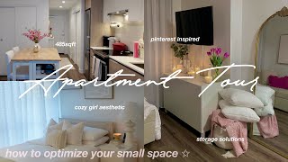 FURNISHED APARTMENT TOUR 485sqft 🎀🪞 how to decorate amp organize small space pinterest inspired [upl. by Adnohsed]