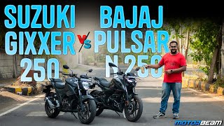 Suzuki Gixxer 250 vs Bajaj Pulsar N250  Best Budget 250cc Naked  MotorBeam [upl. by Sissy297]