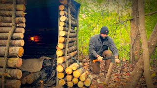 2 Day SOLO Adventure  Building a log hut in the woods Wood Stove cast iron cooking [upl. by Conard300]