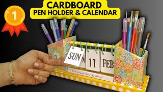 DIY CARDBOARD DESK CALENDAR  Pen Holder Organizer with Calendar  Cardboard Craft Ideas Art amp Craft [upl. by Lehcim991]