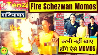 Tenzi Momos Jaipuria Market Ghaziabad 🍜 How To Make Schezwan Pan Fried Momos [upl. by Ellerd]