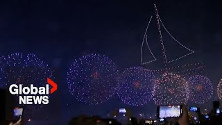 New Years 2024 Ras Al Khaimah enters New Year with magical drones fireworks and pyro show [upl. by Abas]