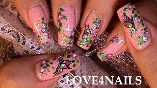 Como Pintar Una Mariposa en un Jardin ƸӜƷ Arte De Uñas Tutorial [upl. by Aronos]