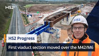 300 tonne steel viaduct section moved into place over motorway network at HS2’s Delta Junction [upl. by Nho529]