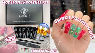 TRYING A MODELONES POLYGEL NAIL STARTER KIT FROM AMAZON  BEGINNER POLYGEL KIT  GRINCH NAILS [upl. by Iba294]