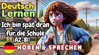 Ich bin spät dran für die Schule A2B1  Deutsch Lernen  Hören amp Sprechen  Geschichte amp Wortschatz [upl. by Conners]