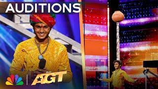 Praveen Prajapat DEFIES GRAVITY By Balancing Objects On His Head  Auditions  AGT 2024 [upl. by Ayenet]