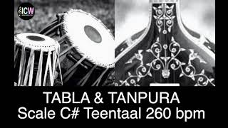 Tabla and Tanpura Scale C  Teen taal 260 bpm Drut laya Scale C sharp [upl. by Bettina]