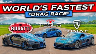 WORLDS FIRST Rimac Nevera V Bugatti Chiron SuperSport V Tesla Plaid DRAG RACE [upl. by Ahto]