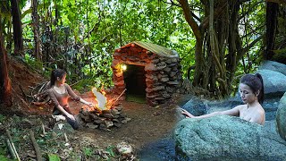 Solo bushcraft survival Build a warm shelter out of stone and wood  Outdoor wild camping [upl. by Tiphani]