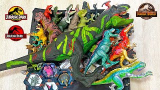 132 DINOSAURS COLOSSAL BOX Jurassic World vs Jurassic Park TREX Scorpios Rex Carnotaurus Suchomimus [upl. by Lydell]