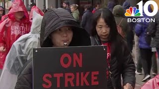 Workers at 2 Omni hotels join strike at Boston Hiltons [upl. by Puiia226]