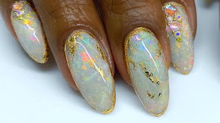 White Opal Gel Nail Tutorial  Made with REAL Opal  Gemstone Nail Art  Gold Leaf Nails [upl. by Nosittam320]