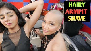 Hairy armpit shave in barber shop  Straight razor India  Indian women underarm  Girl hair removal [upl. by Huda]