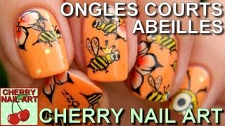 NAIL ART tuto abeilles fleurs one stroke sur ongles courts [upl. by Greenfield]