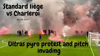 Standard liège vs Charleroi Standard liège fans protest with pyro and pitch invading suspended [upl. by Kwarteng]