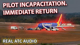 PILOT INCAPACITATED Offduty pilot helps to land Southwest B737 REAL ATC [upl. by Aredna]