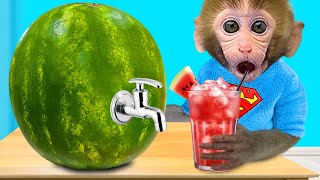 Monkey Baby Bon Bon makes watermelon smoothie and takes a bath with ducklings in the bathtub [upl. by Rufford468]