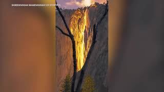 Sun creates glowing firefall on Yosemites Horsetail Fall [upl. by Carlyle]