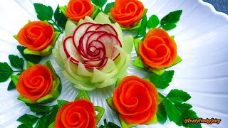 Attractive Garnish of Radish amp Carrot Rose Flowers with Onion amp Cilantro Designs [upl. by Htebazle]