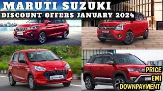 MARUTI SUZUKI DISCOUNT OFFERS JANUARY 2024  ON ROAD PRICE  DOWNPAYMENT EMI [upl. by Nelav]