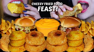 ASMR CHEESY FRIED FOOD FEAST GIANT ONION RINGS FRIED CHICKEN TENDERS BACON CHEESEBURGERS FRIES [upl. by Fong]