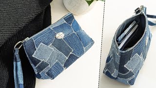 DIY Irregular Patchwork Denim Bag Out of Old Jeans Fabric Remnants  Bag Tutorial  Upcycled Craft [upl. by Emmery967]