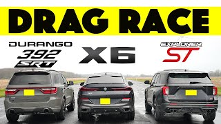 Ford Explorer ST Races BMW X6 and Dodge Durango SRT 392 things get wet Drag and Roll Race [upl. by Erdreid]