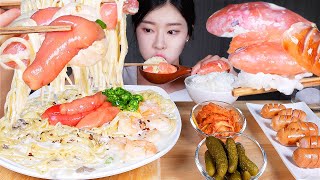 ASMR MUKBANG  해장으로 매콤꾸덕 명란크림파스타 ☆ 소스에 밥까지 말먹 먹방 POLLACK ROE CREAM PASTA WITH SHRIMP SAUSAGE RICE [upl. by Davide]