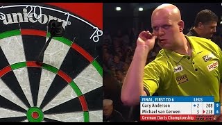 INCREDIBLE DARTS Michael van Gerwen v Gary Anderson 2015 German Darts Championship HD [upl. by Pain]