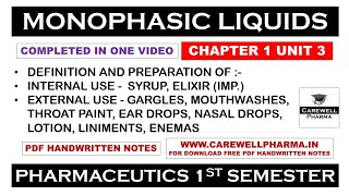 Monophasic Liquids complete  Syrup  Elixir  Liniments  Ch 1 U 3  Pharmaceutics  B Pharmacy [upl. by Almena]