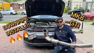 MK8 GTI DOWNPIPE INSTALL Milltek HiFlow Cat Jackstands No Subframe Removal [upl. by Ettenahc194]