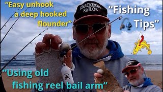 🎣 How to easily unhook a deep hooked flounder using an old fishing reel bail arm 🎣 [upl. by Neersan840]