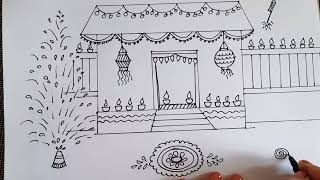 Diwali Drawing  Deepavali festival celebration line drawing  Diwali ki drawing sketch [upl. by Davy]