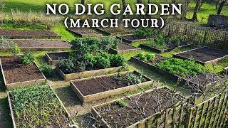 Permaculture Kitchen Garden Tour in March  No Dig Beds in Springtime [upl. by Idnaj]