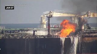 Oil tanker hit by Houthi missile catches fire in Red Sea [upl. by Oloapnaig206]