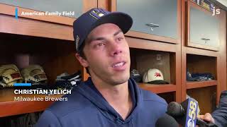 An emotional Christian Yelich on a clearly emotional topic for him his friend Bob Uecker [upl. by Theall341]