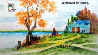 Scenery Drawing For Beginners with Color Pencils  Landscape Drawing [upl. by Whiteley]